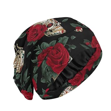 Satin Lined Bonnet Sleep Night Nurse Cap Hair Head Wrap Cover for Sleeping Slouchy Beanie for Men Women Skull Red Rose