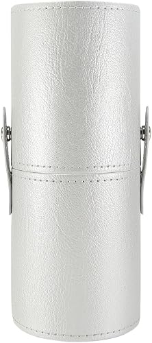 Portable Makeup Brush Case,Pu Leather Makeup Brush Holder with Button,Travel Cup Storage Dustproof Makeup Cosmetic Bags for Women (Silver)