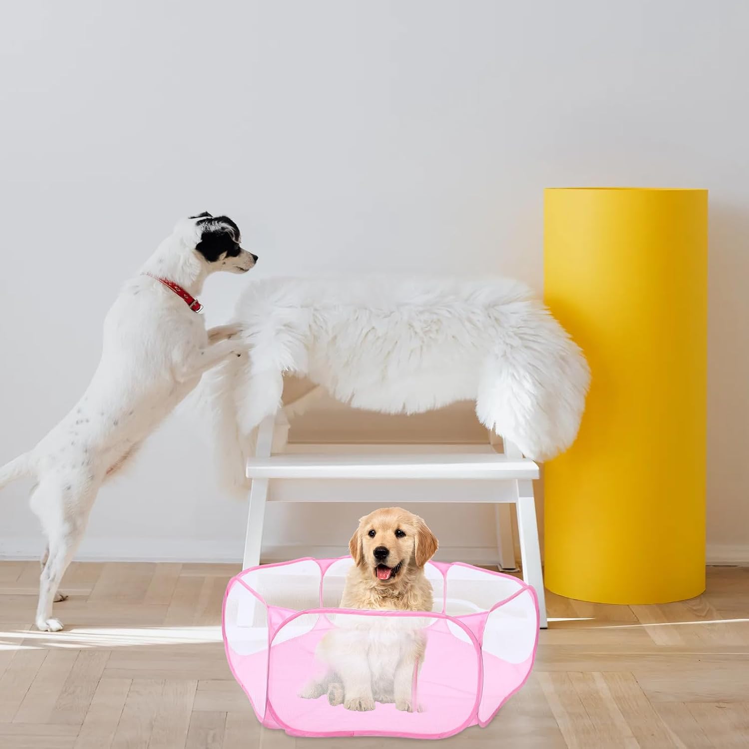 Foldable Hexagonal Pet Playpen with Polyester Mesh, Small Indoor Safety Fence for Rabbits and Dogs, Portable Pink Pet Pen for Play and Exercise