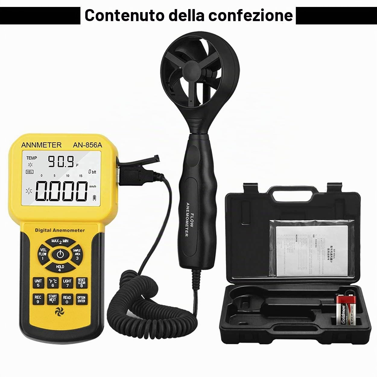AIOMEST Anemometro Digitale Portatile CFM, Precisione +/-3% 1°C Misuratore di Velocità del Vento con Display LCD, MAX/MIN/AVG Modalità per Esterni, HAVC, Droni, Caccia, Pesca, AI-856A