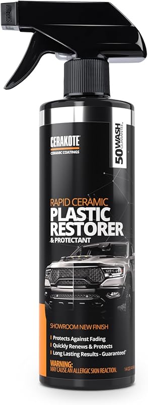 CERAKOTE® Rapid Ceramic Plastic Restorer and Protectant Spray, 14 oz | Restores faded black trim and bumpers, 50+ wash rating, non-greasy finish, for cars, trucks, and SUVs