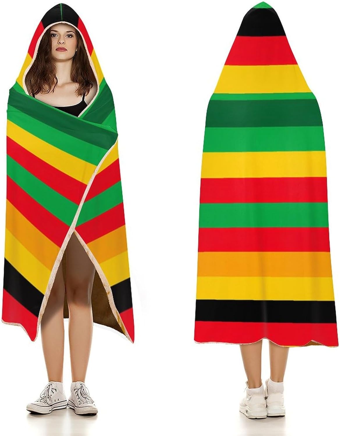 Rasta Stripe Print Wearable Blanket Oversized Throw Cape | Cozy Hooded Blanket Gifts for Women Men
