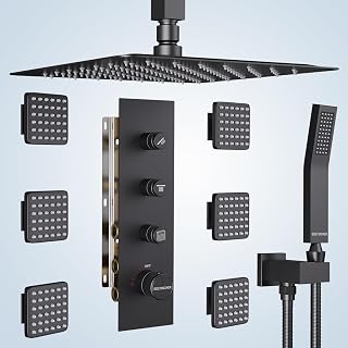 Shower Faucet Set, 16 Inch Thermostatic Shower System with 6 Body Spray Jets (Can All Run Together) Shower Faucets with Body Jets, Push Button Diverter Rainfall Shower Systems Matte Black