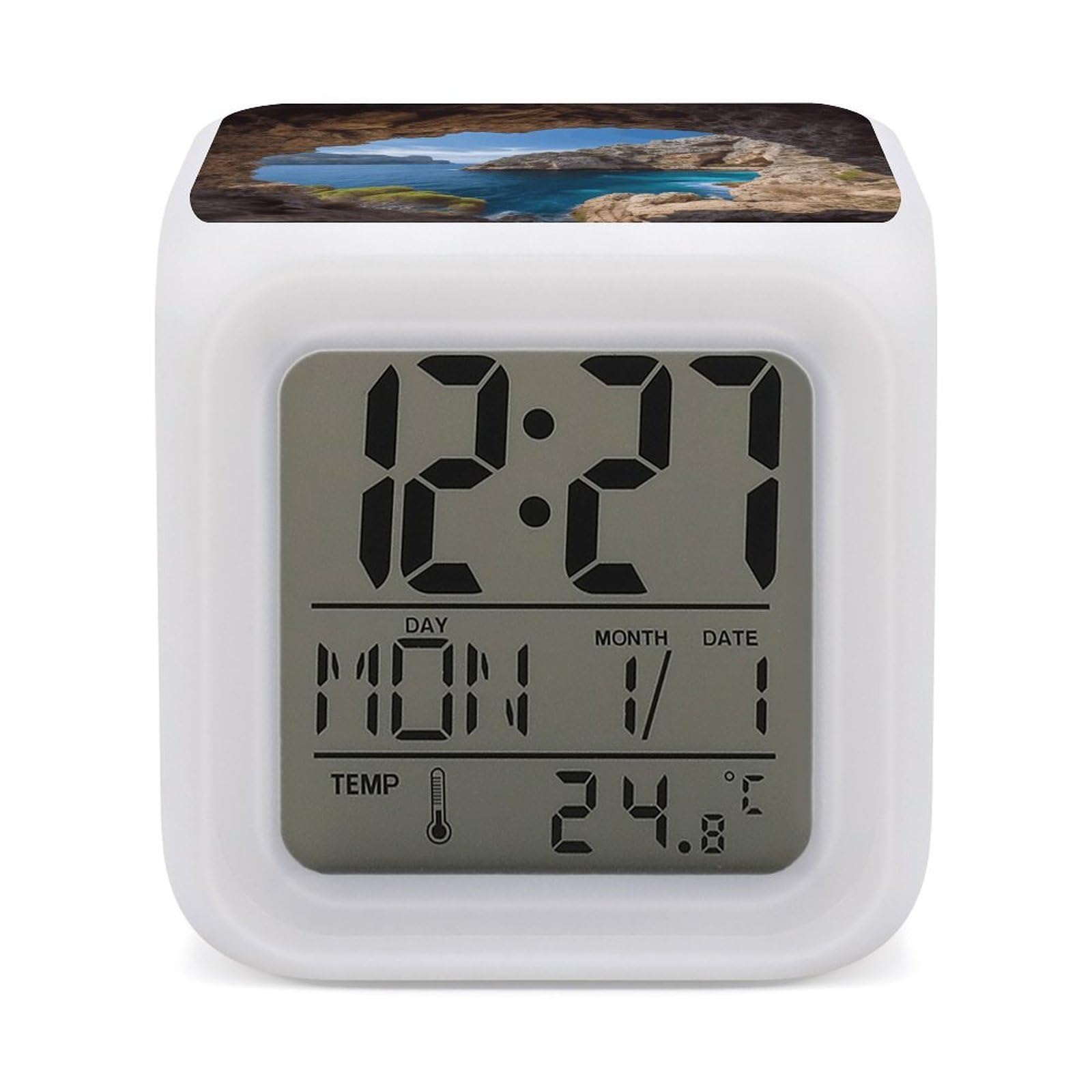 VstaDank Arch in Mallorca Spain Alarm Clock 7 Color Changing LED Wake-Up Clocks Printed Home Decoration Multi-Color Night Light Digital Alarm Clock with Temperature Display for Home Office
