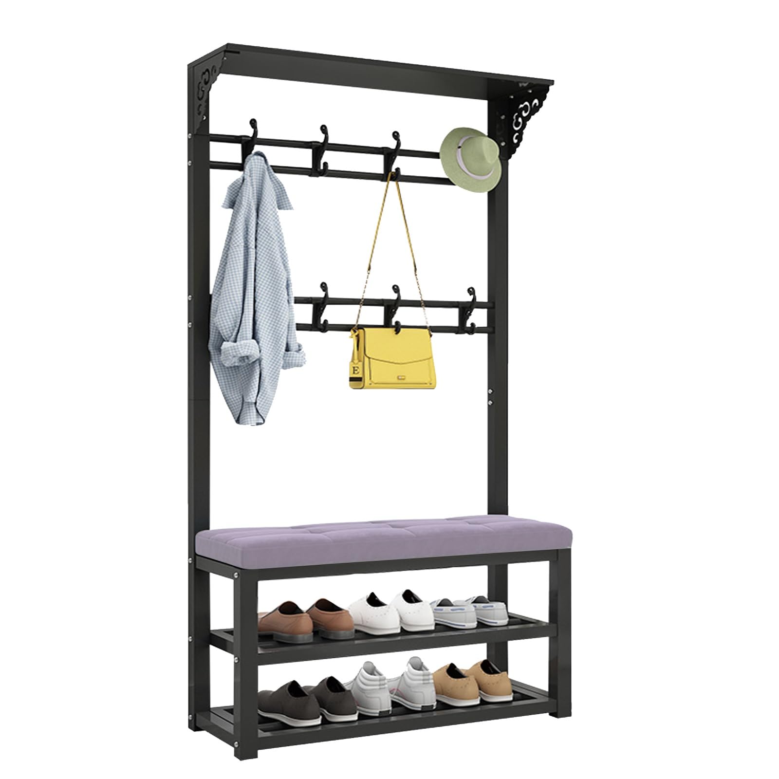 Meuble d'entrée en métal gris élégant avec banquette rembourrée grand confort