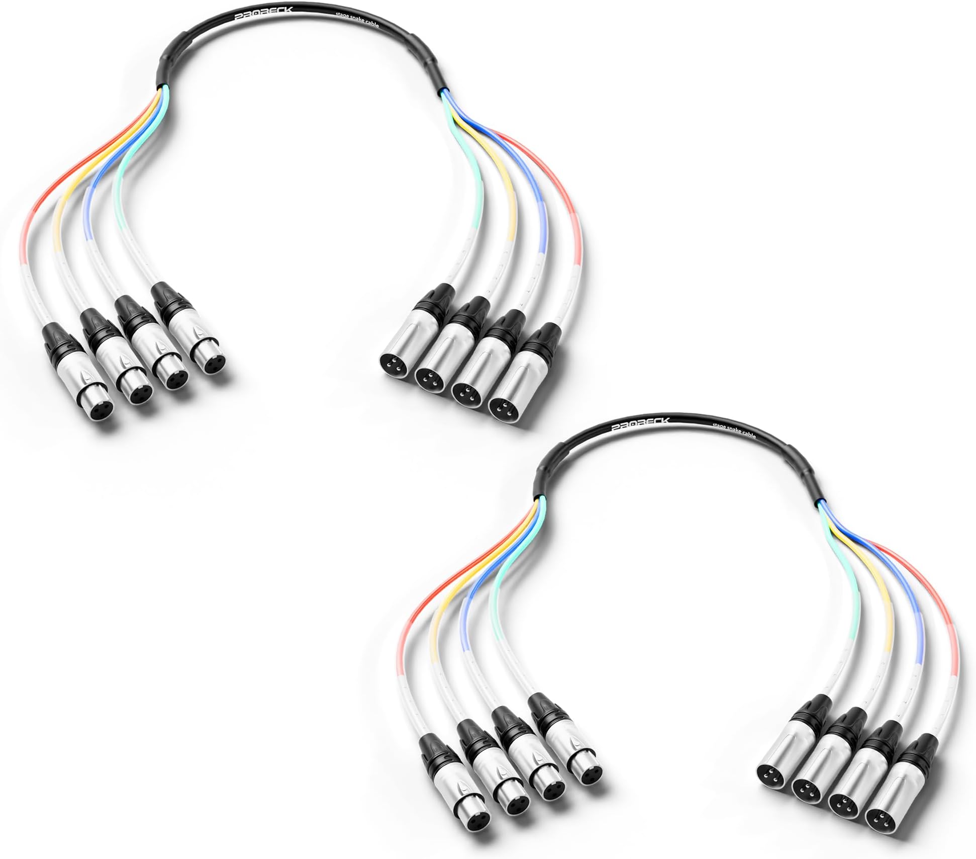 3ft Snake Cable, 4-Channel Shielded Audio Cable XLR Male to XLR Female, with Color-Marked Connectors for Professional Stage, Studio, and Live.(2-Pack) (PR-XLR/XLR-4 * 3P)
