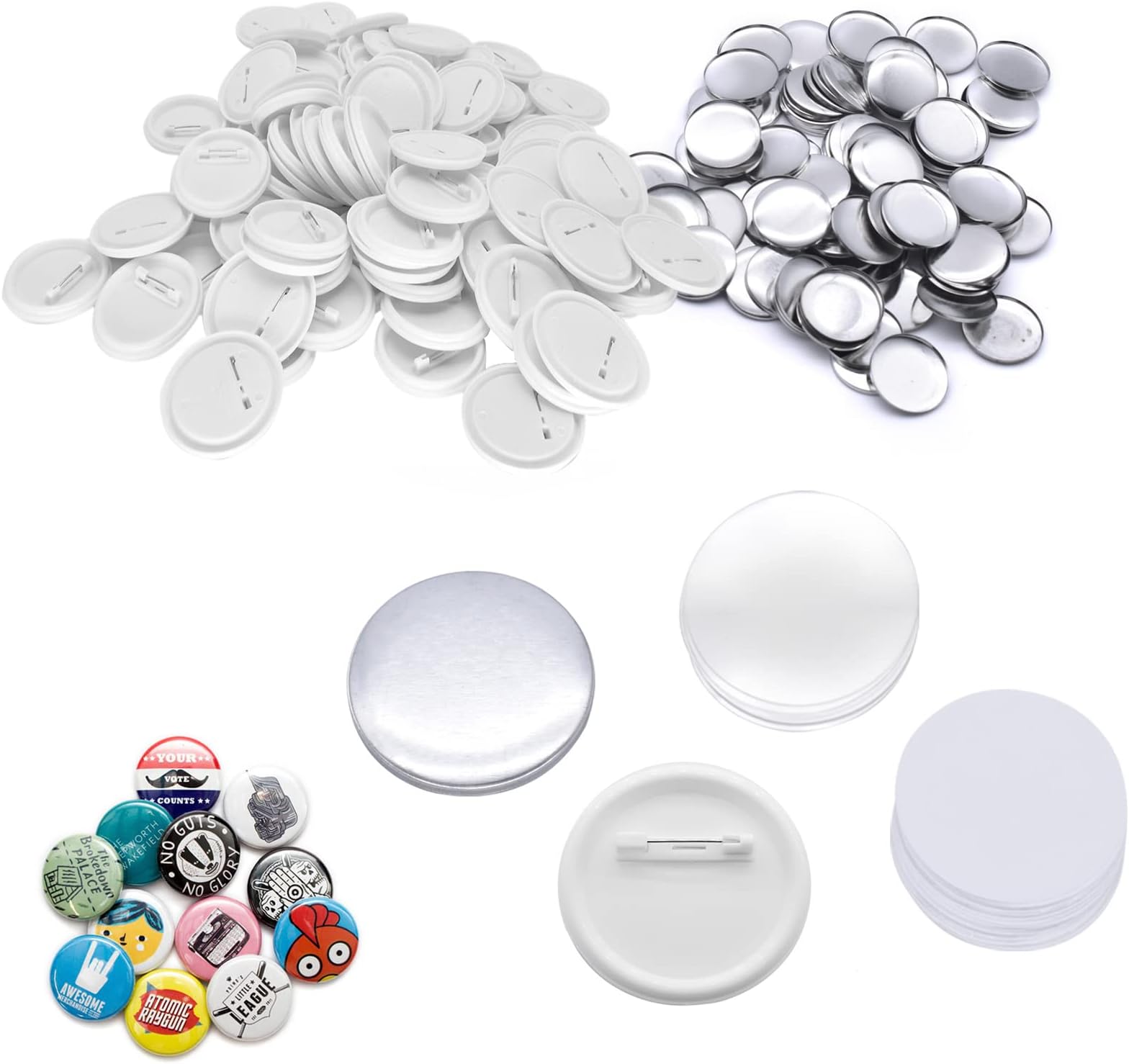 PEALOV 58mm Round Metal Button Blanks, 200 Pieces, Badge Making Supplies, Includes Metal Shells, Back Cover, Clear Film