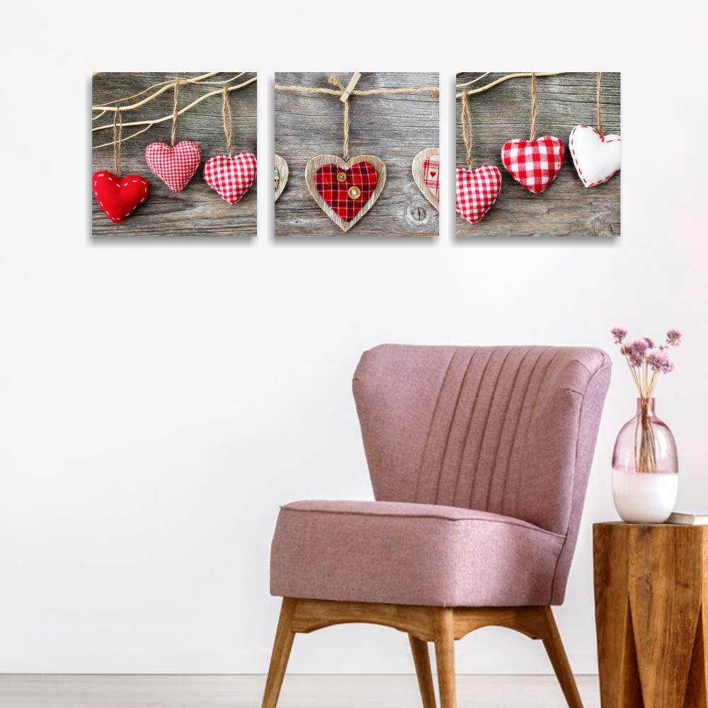 Quadri L&C ITALIA Tris Cuori - Quadretti Shabby Chic da Parete Country 25 x 25 Stampa su Tela Soggiorno Camera da Letto Cucina Bagno