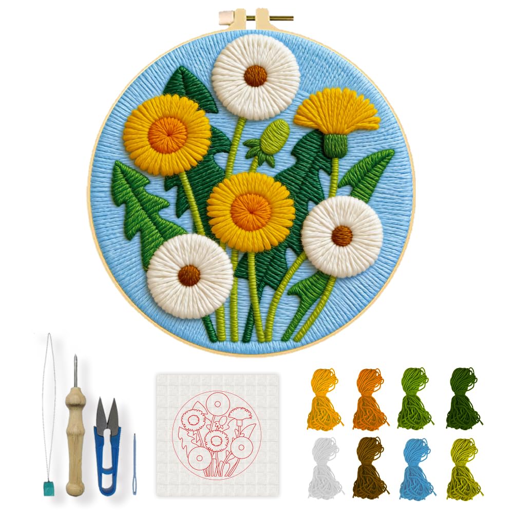 INFUNLY Dandelion Punch Needle Embroidery Kit for Beginners Adults, Complete Punch Needle Starter Kit 8.7x8.7 Inch, Flower DIY Punch Embroidery Set Botanical Wall Art Craft Kits for Home Decor — image 1