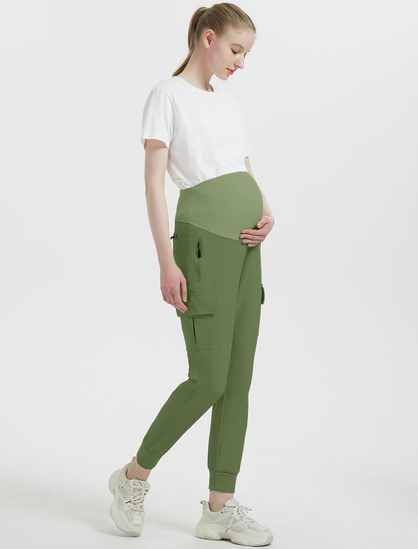 EXARUS Vêtements Grossesse, Pantalon Cargo de Maternité sur le Ventre, Pantalon de Jogging, Pantalon de Survêtement, Pantalon de Randonnée à Séchage Rapide avec Poches Zippées, Vert, Taille XL
