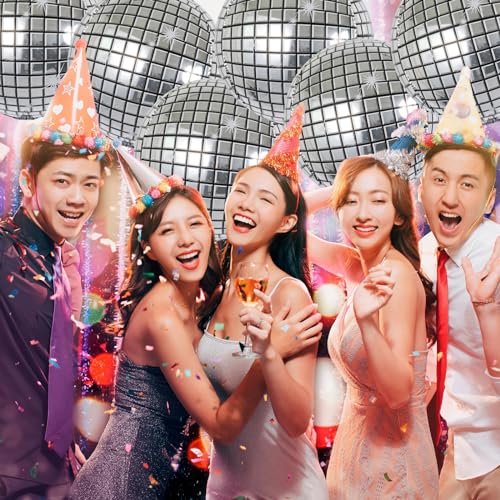 Image of 6-Pack 22 Inch Silver 4D Disco Ball Balloons - Decorations for 90s Dancing Queen Party