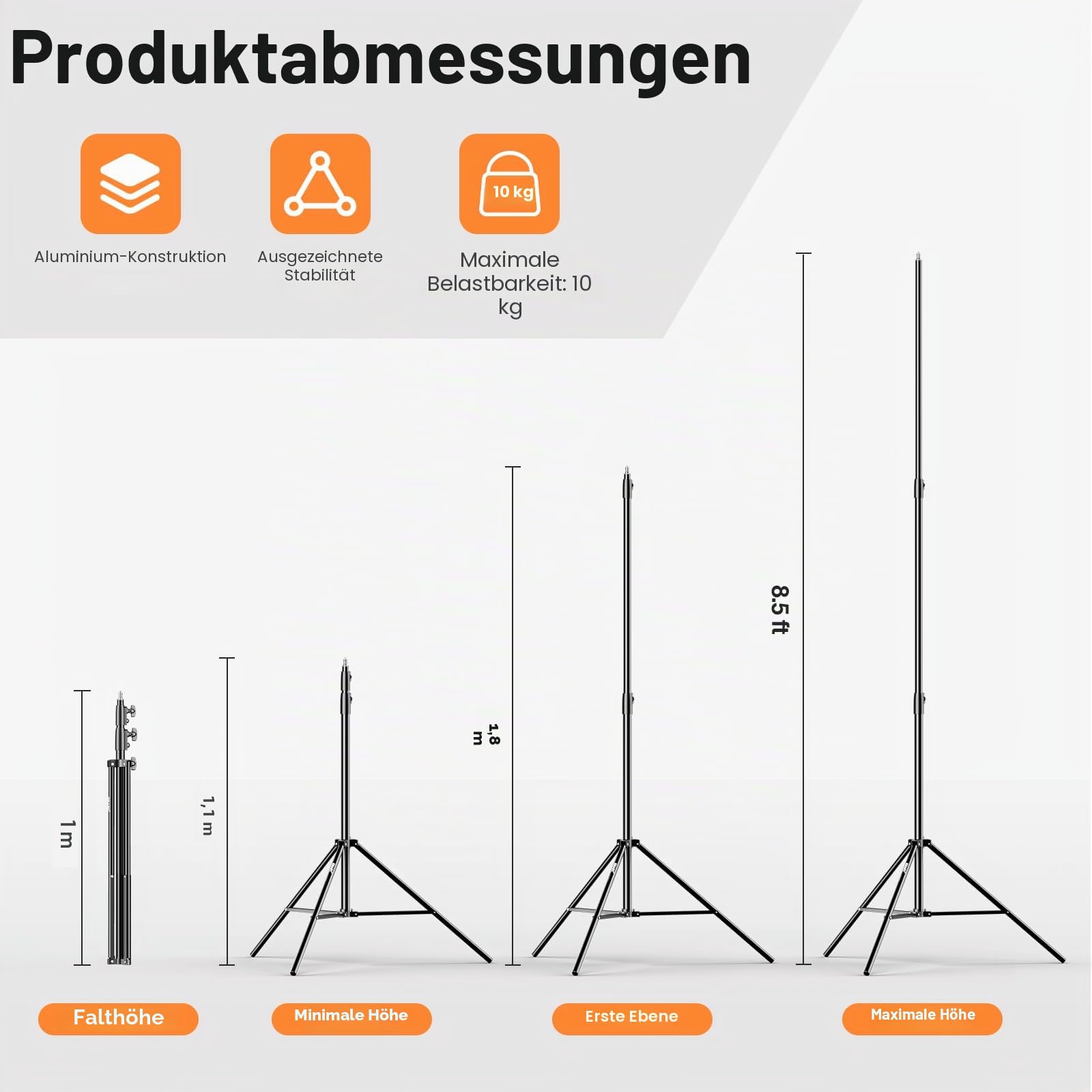 EMART Lichtstativ Heavy Duty 2,6 m, Aluminium Light Stand mit 1/4"-Gewinde, Max. Belastbarkeit 10 kg für Fotografische Beleuchtung, Softboxen, Blitzlicht - 2 Stück