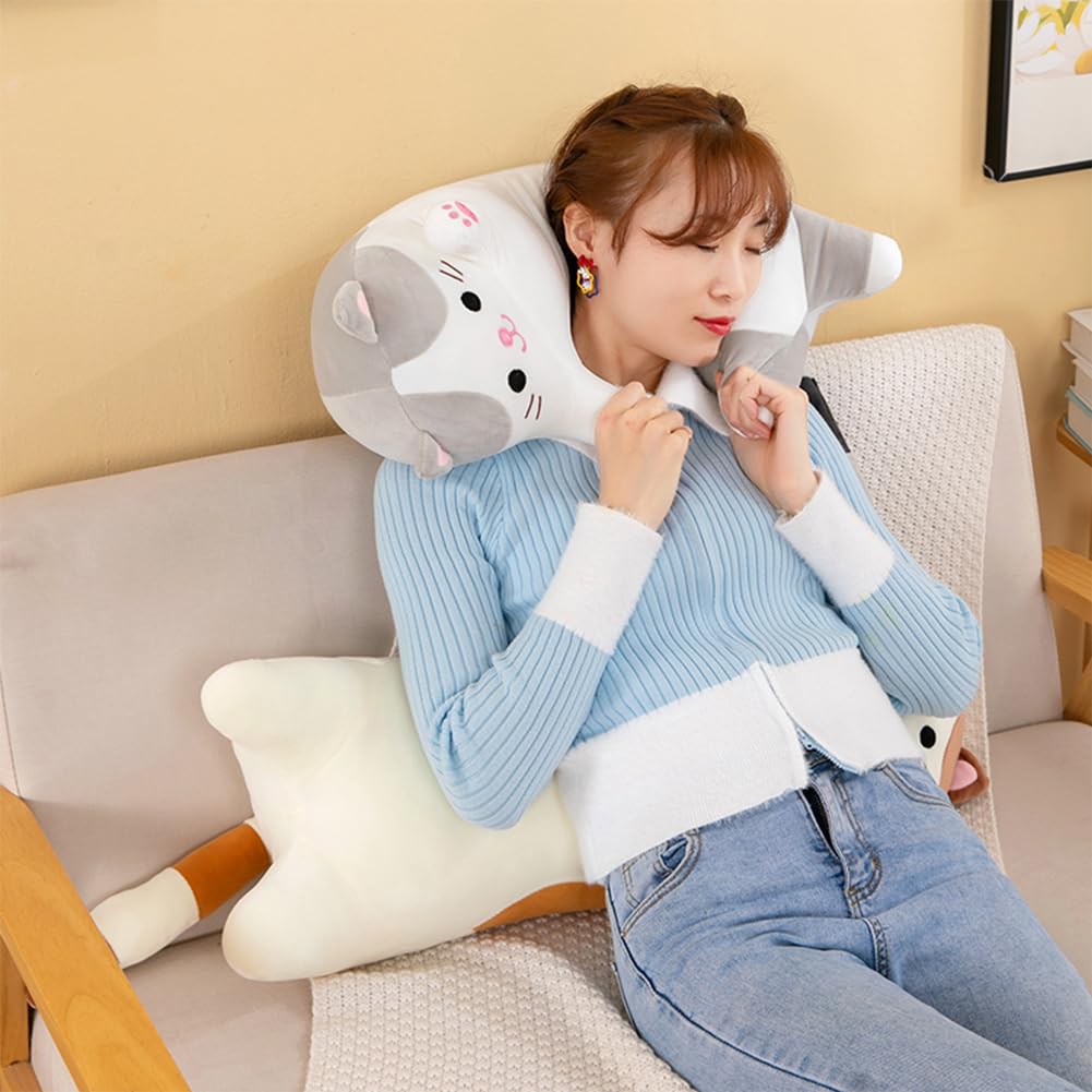 Oeonuas Cute Cat Plush Long Body Pillow Cuddle Cartoon Stuffed Animals Cat Plushie Soft Doll Pillows Gifts for Kids Girls (Orange, 27"): New Gray-27 Inch