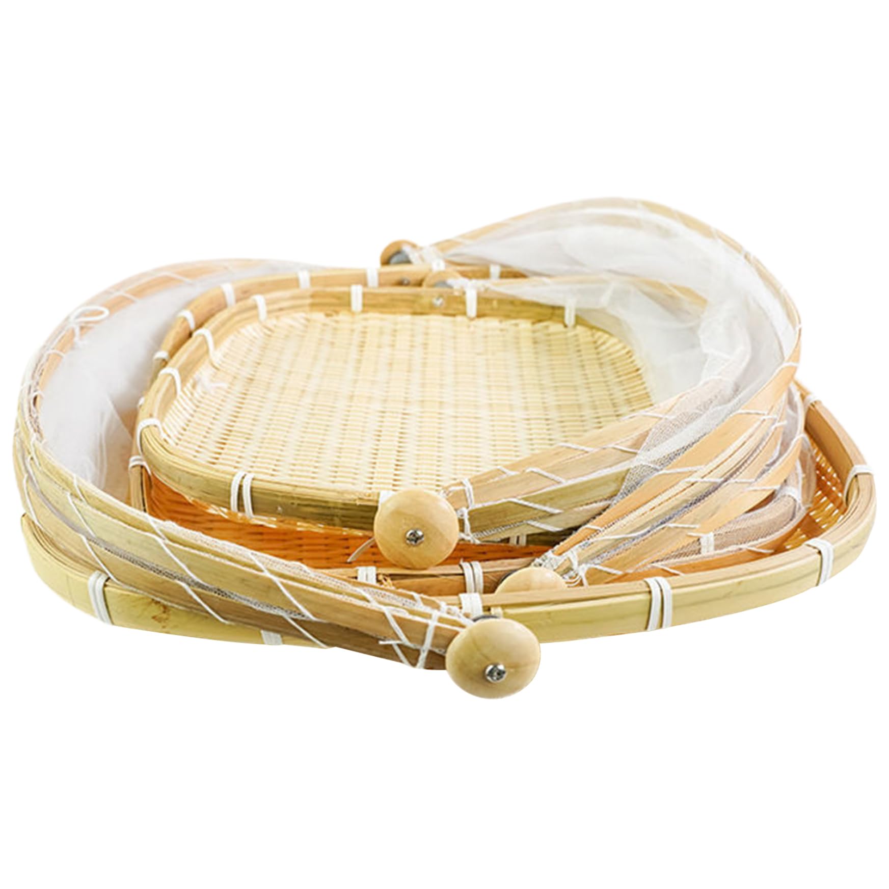 BEAHING 3PCS Bamboo Food Tent, 11/14/16 Inch Square Fruit Basket with Lid, Dustproof Mesh Food Covers for Vegetable Fruits Meals Kitchen