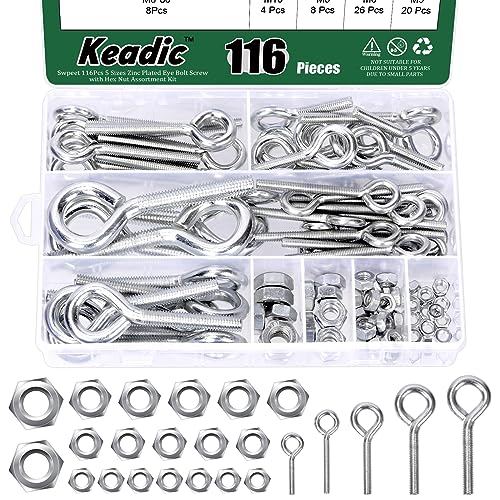 Keadic 58Pcs 6 Sizes Eye Bolt Screw with Nut Assortment M5 M6 M8 M10 Stainless Steel Marine Grade Stainless Steel Lifting Ring Threaded Eyebolts for Hanging Curtains Clotheslines Fencing Boat
