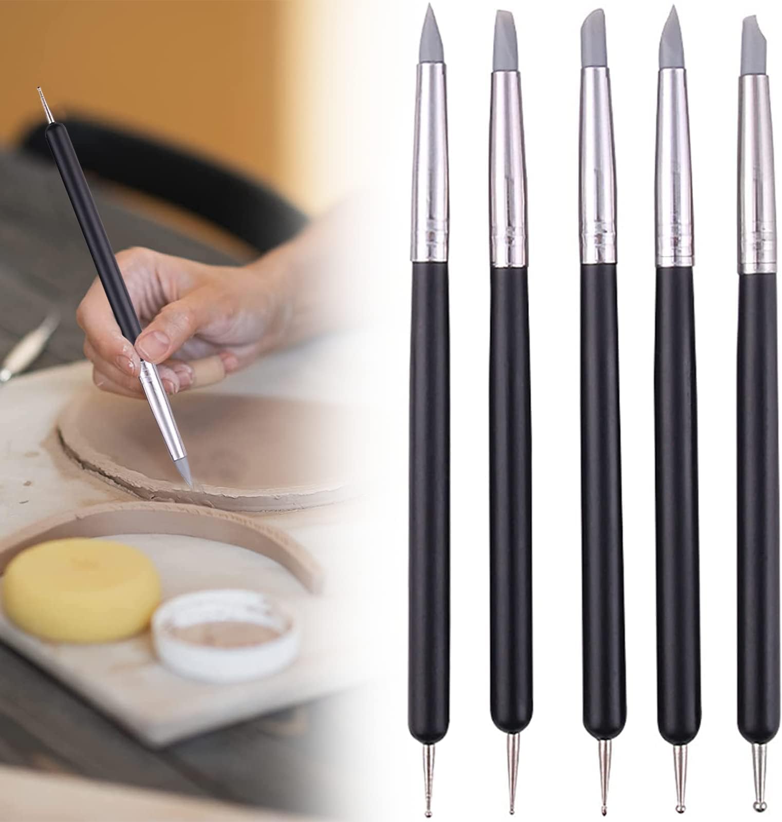 5Pcs Clay Sculpting Tools,Silicone Sculpting Tools Soft Rubber Polymer Clay Tools Silicone Paint Brush Pen Tip Carving Modelling Clay Tools Set for Pottery Sculpture Cake Fondant Decoration