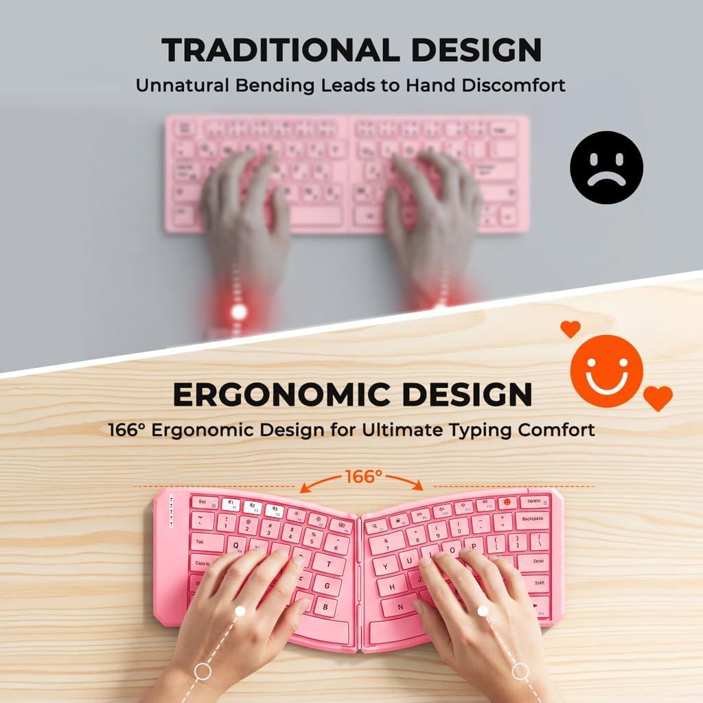 MEETION New Ergonomic Bluetooth Foldable Keyboard, Split Compact Portable Wireless Keyboard for Business Travel, Rechargeable Folding Keyboard for Tablet PC Smartphone iOS Android Windows Mac Pink