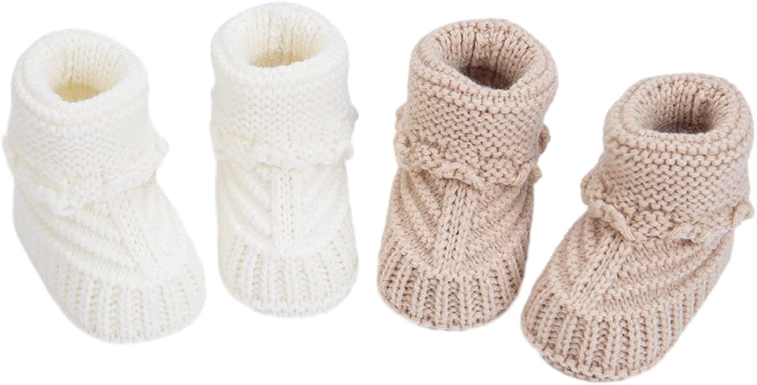 Baby Booties, Newborn Walking Shoes, Infant Hand Crochet Knit Cotton Sock Booties, Soft Cozy Socks Slippers, Indoor House Shoes for Baby, 2 Pairs