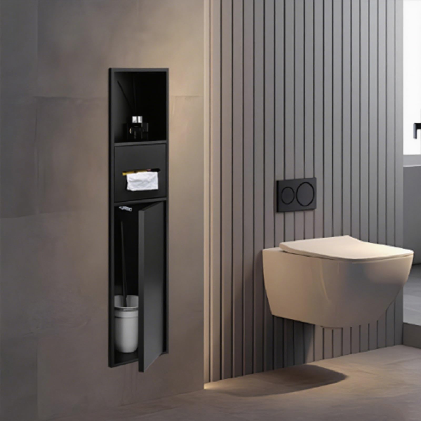 Wpuszczany uchwyt na papier toaletowy czarna szafka łazienkowa ze stali nierdzewnej z 3 półkami oszczędzający miejsce organizer do domu kuchni hotelu elegancki design i praktyczne rozwiązanie