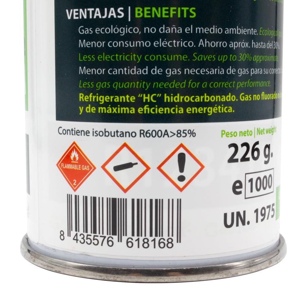 Gasica D2 Pack Ahorro (2 Botellas x226Gr) Gas Refrigerante Orgánico Ecológico Sustituto de R12, R134A valido para recargas en vehículos Nevera Congeladores
