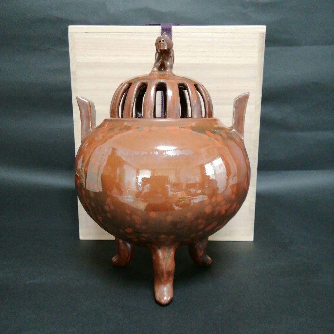 Amazon｜香炉 宝珠焼 柿釉耳付獅子香炉 桐箱付き（合わせ箱) 昭和