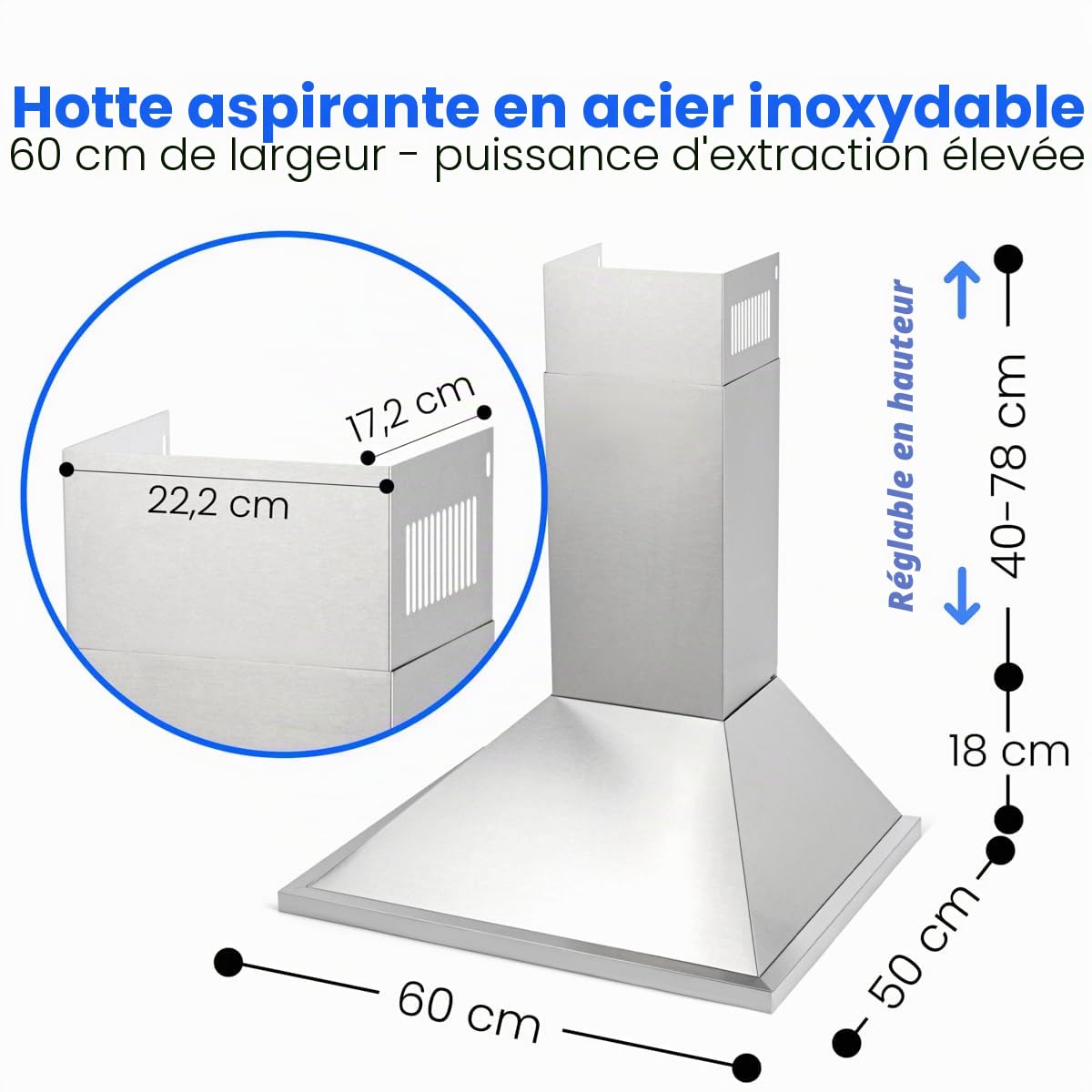 Hotte cheminée inox Bomann DU652-1-inoxInoxHotte aspirante sous-structure d'une largeur de 60 cm, Aspiration puissante de 205 m³/h, Eclairage LED efficace (blanc chaud 2W