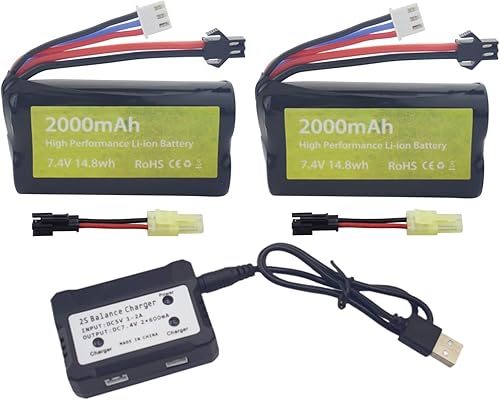 Fytoo Batería de iones de litio de 7.4 V 2000 mAh con enchufe SM-2P con cargador 2 en 1 para skytech H101 H103 H105 RC barco y MN D9091, MN 9999s RC