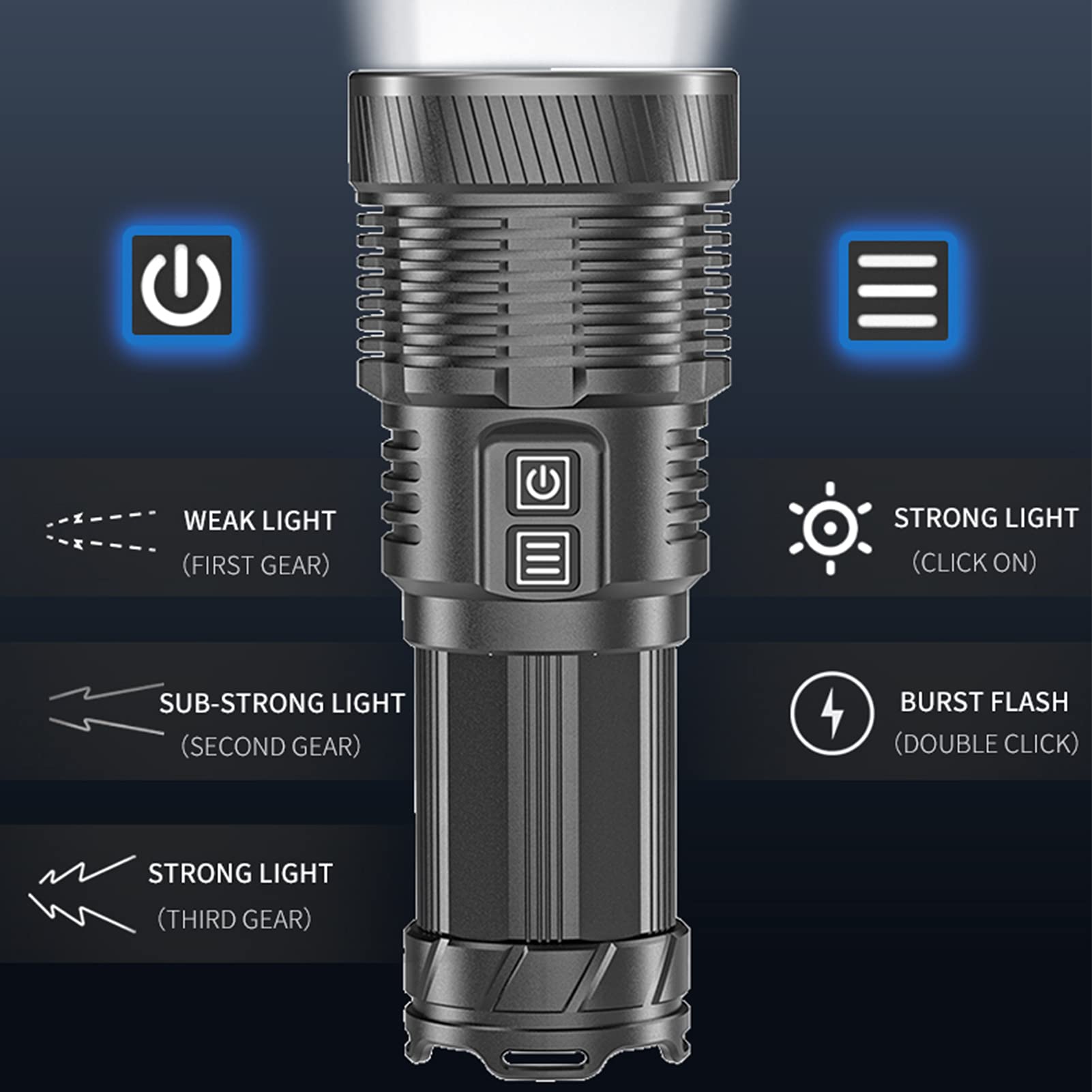 Potente Linterna LED, Linterna Compacta Recargable para Exteriores, Camping, Emergencia, Aleación de Aluminio de