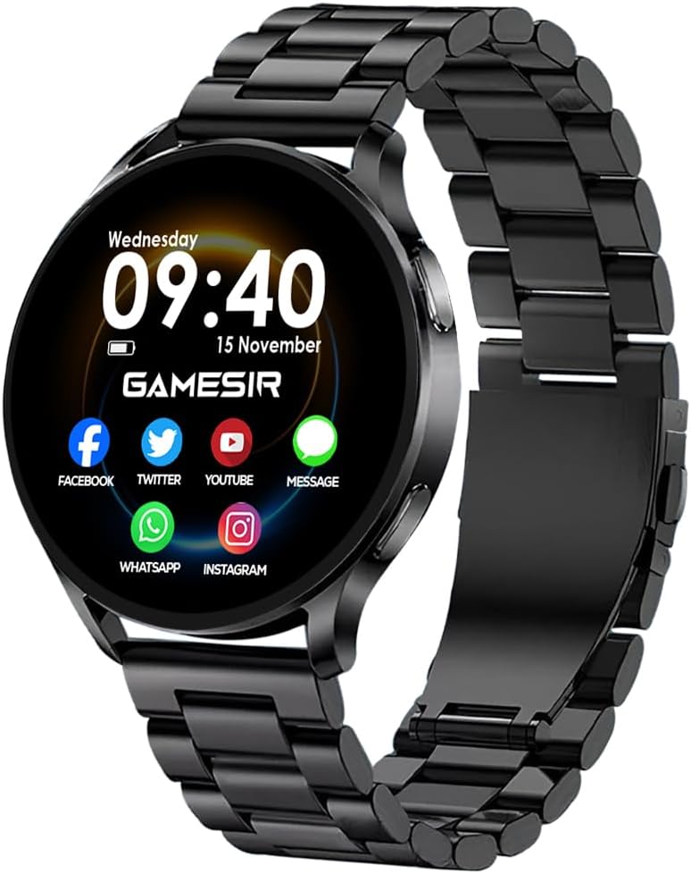 - GAMESIR EVO Vista Premium Metal Smartwatch, 1.3” HD Display Bluetooth Calling, Fitness & Sleep Tracker, 100+ Sports Modes, IP67 Waterproof Compatible with Android & iOS for Men’s & Women (Metal Black)