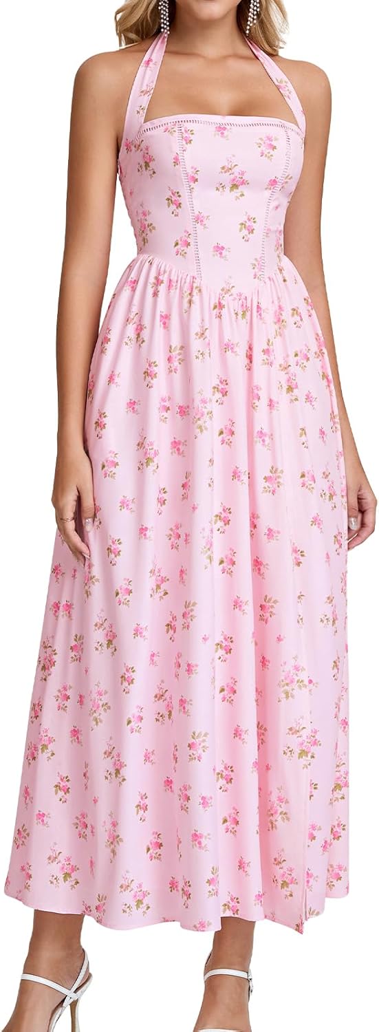 GLNEGE Womens Halter Midi Corset Dresses Spring Summer Wedding Guest Floral Dress Flowy Slit Tea Party Sundress with Pockets