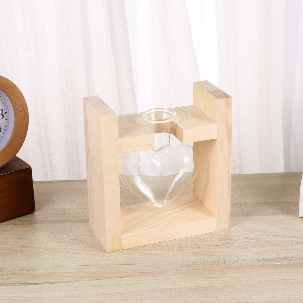 Jarrón hidropónico de Cristal en Forma de corazón, con Soporte de Madera para decoración de Escritorio de casa, Oficina, Boda, jarrón de Cristal con Soporte de Madera