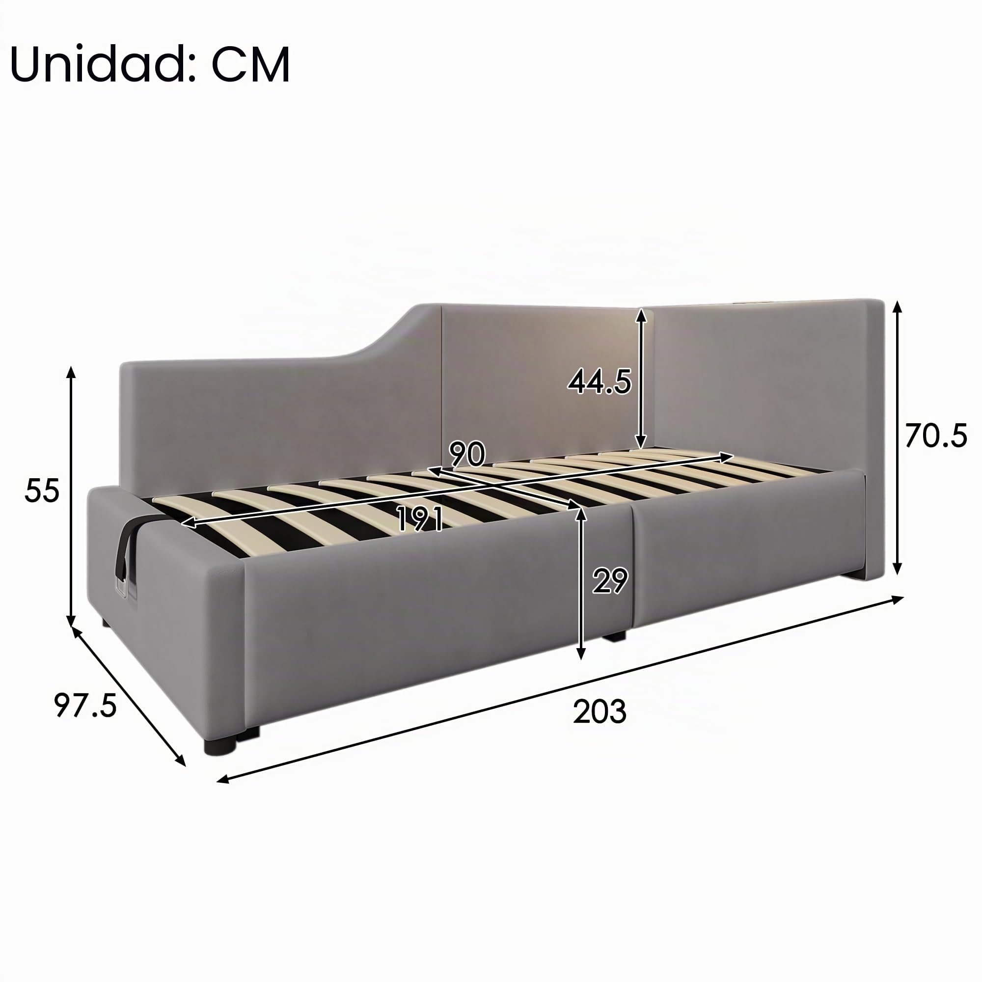 Moimhear Cama tapizada, 90 x 190 cm, sofá cama con almacenamiento hidráulico, función de luz de lectura y función de carga USB-C, cama infantil, cama juvenil con somier de madera, terciopelo, gris