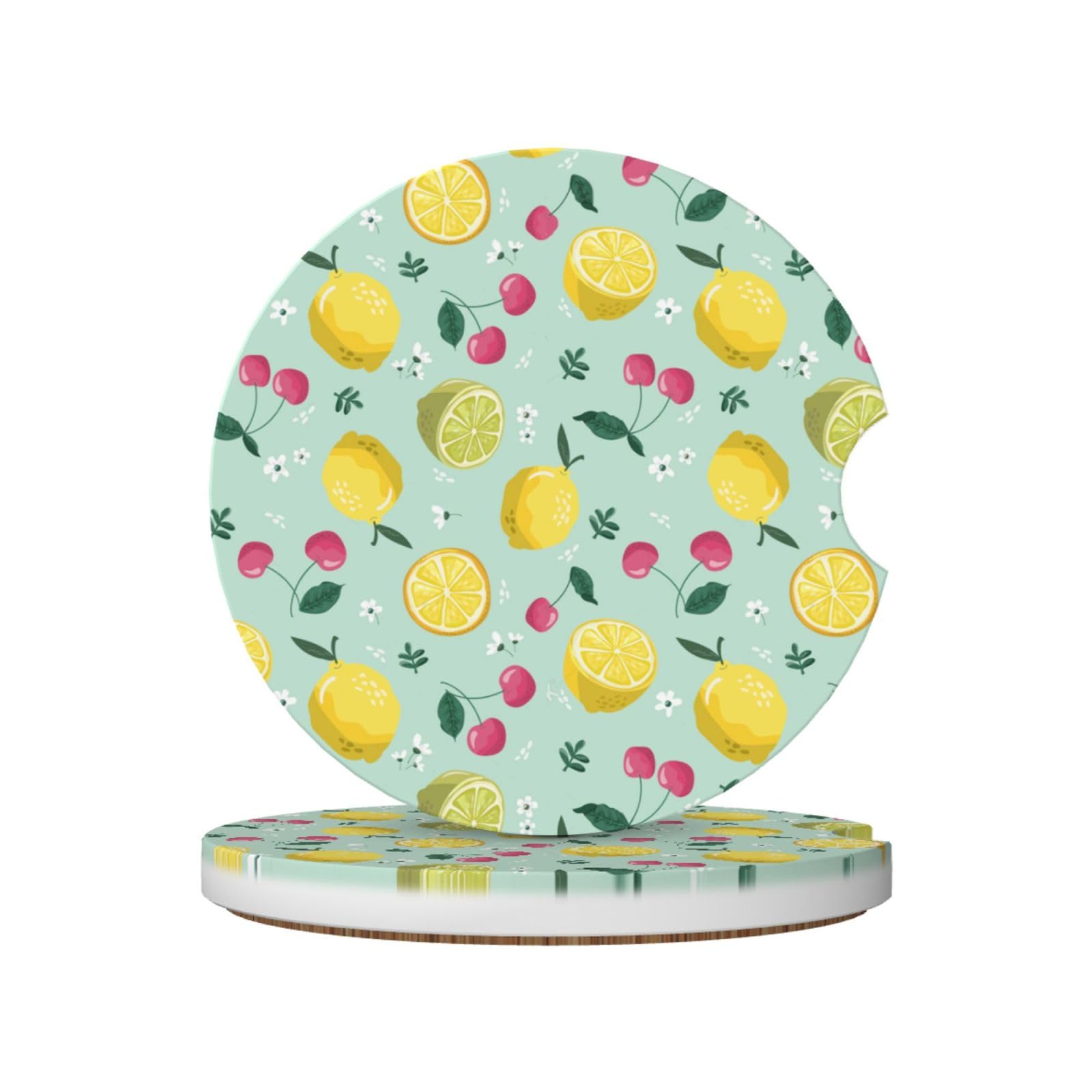 Lemon Cherry Fruit, Car Cup Holder Coasters 2 Pack, Absorbent Ceramic Car Coasters with Non Slip Cork Base