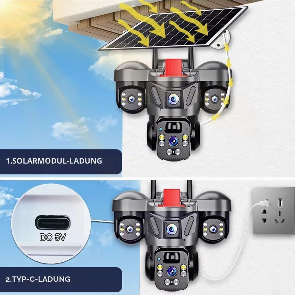 EasyByMall 360°-Funküberwachungskamera, Solar-mit DREI Linsen, 4 K Außen-Überwachungskamera mit doppelter Erkennung, Mensch/Auto/Bewegungserkennung