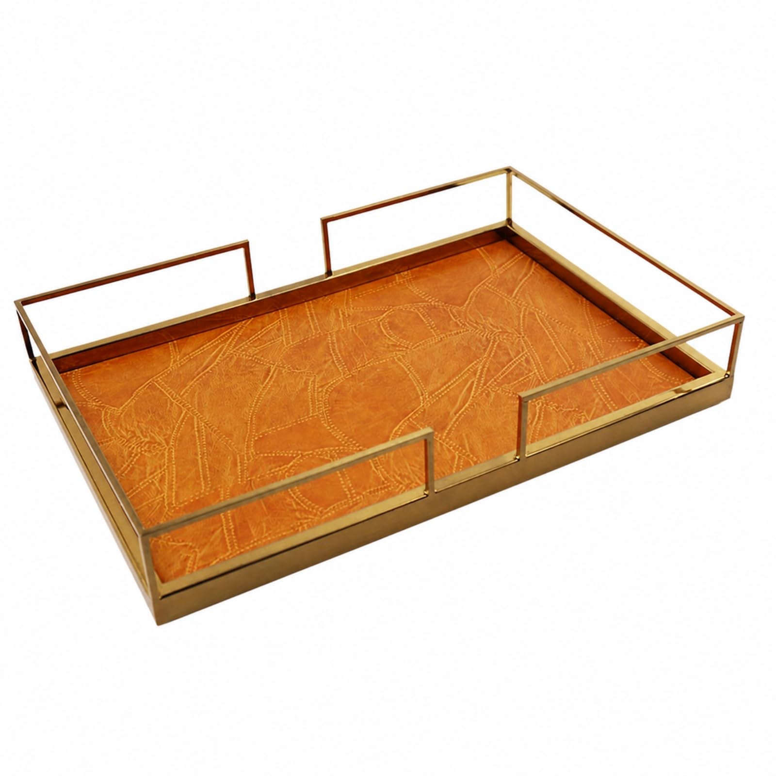 rockible Rechteckig Tablett mit Tragegriffen | Tablett mit Lederboden, erhöhter Rand, Serviertablett Metallrahmen, für Couchtisch, Orange, 38.5x26x6.5cm