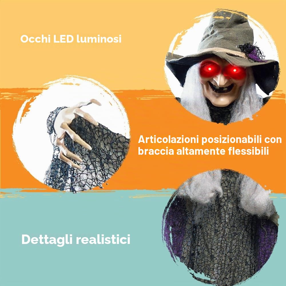 Decorazione da strega da appendere per Halloween con funzione di attivazione del suono, strega parlante animata con occhi rotondi per decorazione di Halloween, decorazione del prato