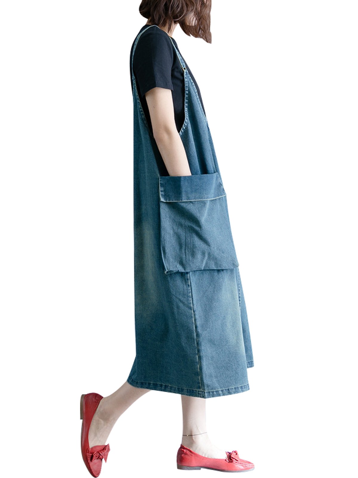 Mujeres Verano Grandes Bolsillos Vestidos de Jeans Vestido de Denim