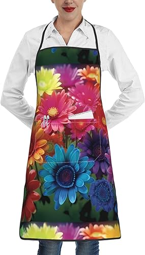 Unisex Apron With Pocket, Rainbow Flowers Chef Apron For Cooking, Bbq & Crafts, Spillproof Kitchen Protection Bib With Large Utility Pocket For