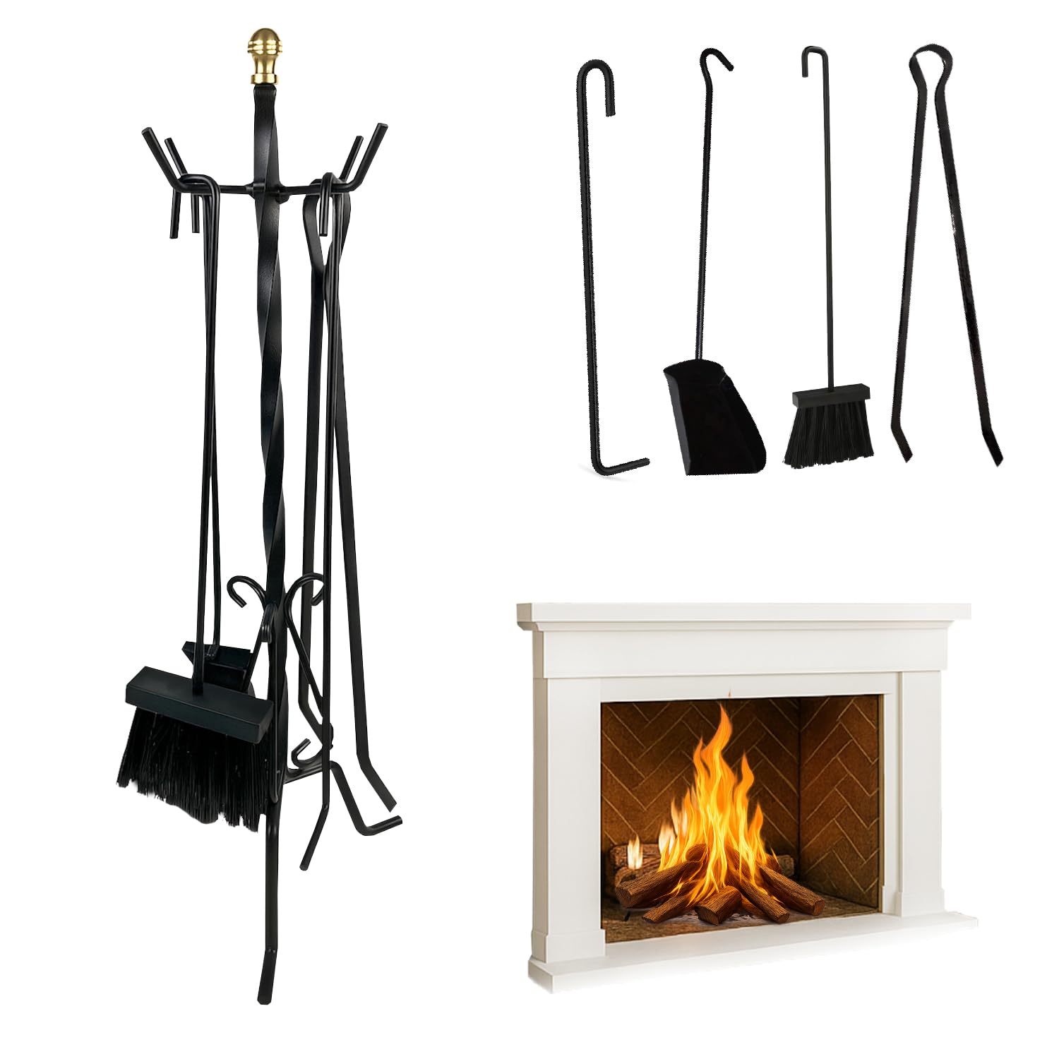 Crisalide® – Set Attrezzi per Camino in Ferro Battuto | 4 Accessori (Scopa, Paletta, Pinza, Attizzatoio) con Supporto da Pavimento | Design Classico Nero Opaco | Altezza 58 cm