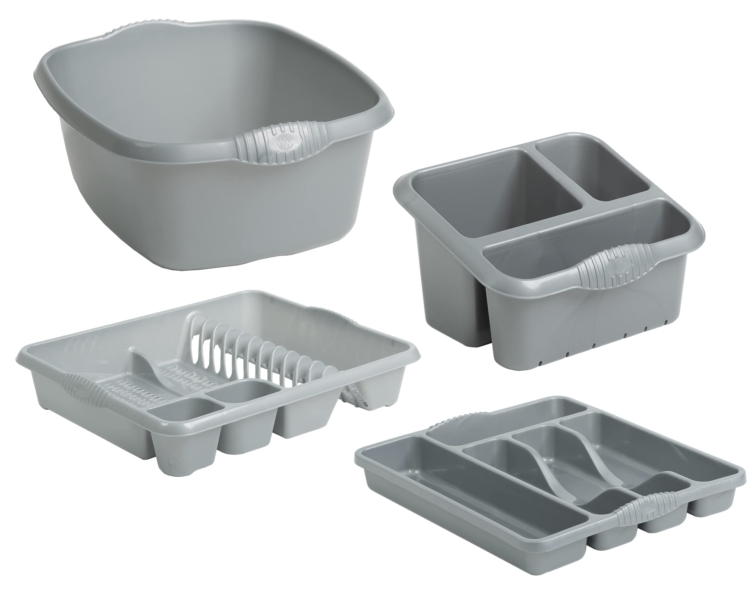 M1ss Silver (Set Of 4) - Plastic Large Kitchen Sink 39 Cm Rectangular Washing Up Bowl, Sink Tidy, Large Dish Drainer And 5 Compartment Cutlery Tray (Silver) (Silver)