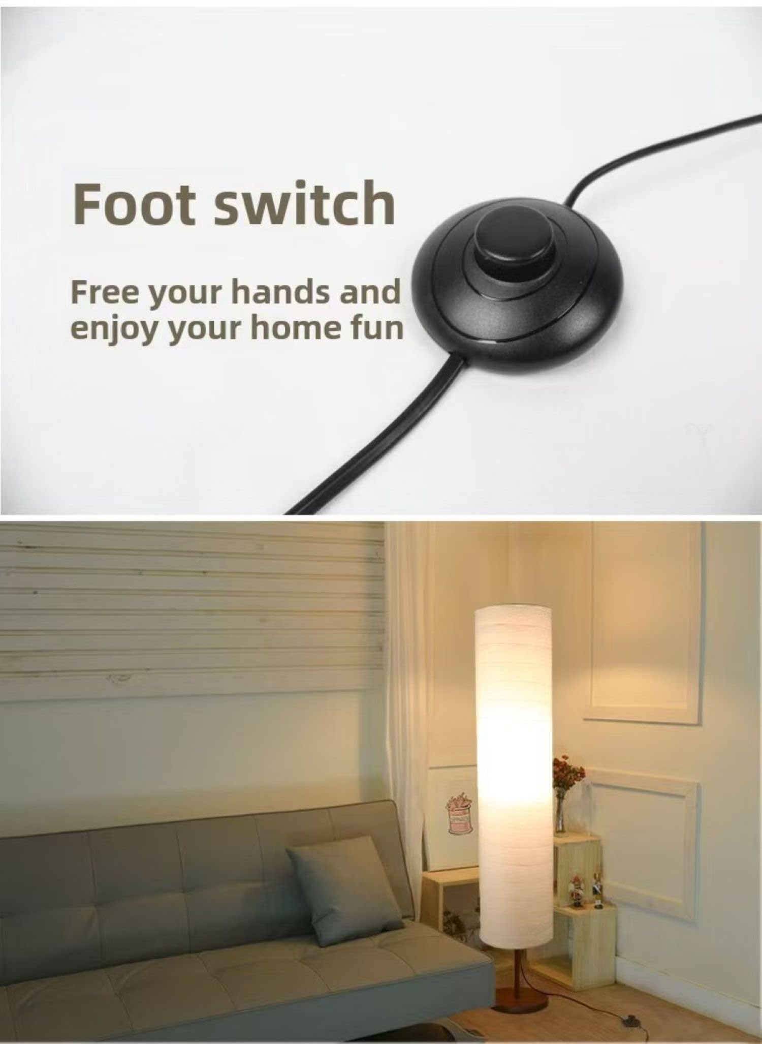 Lámpara de Suelo de Papel de 46 Pulgadas con Bombilla LED de 9W 3 Temperaturas de Color, Base de Acero Inoxidable y Interruptor de Pie Encendido/Apagado, Color Blanco