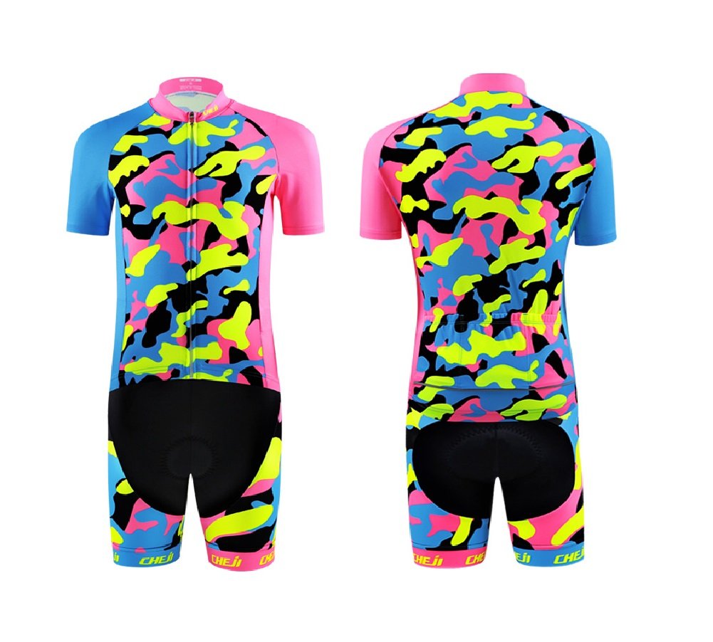 Set di Maglia Ciclismo per Bambino (Maglia Bici a Manica Corta + Pantaloncini con Imbottitura)