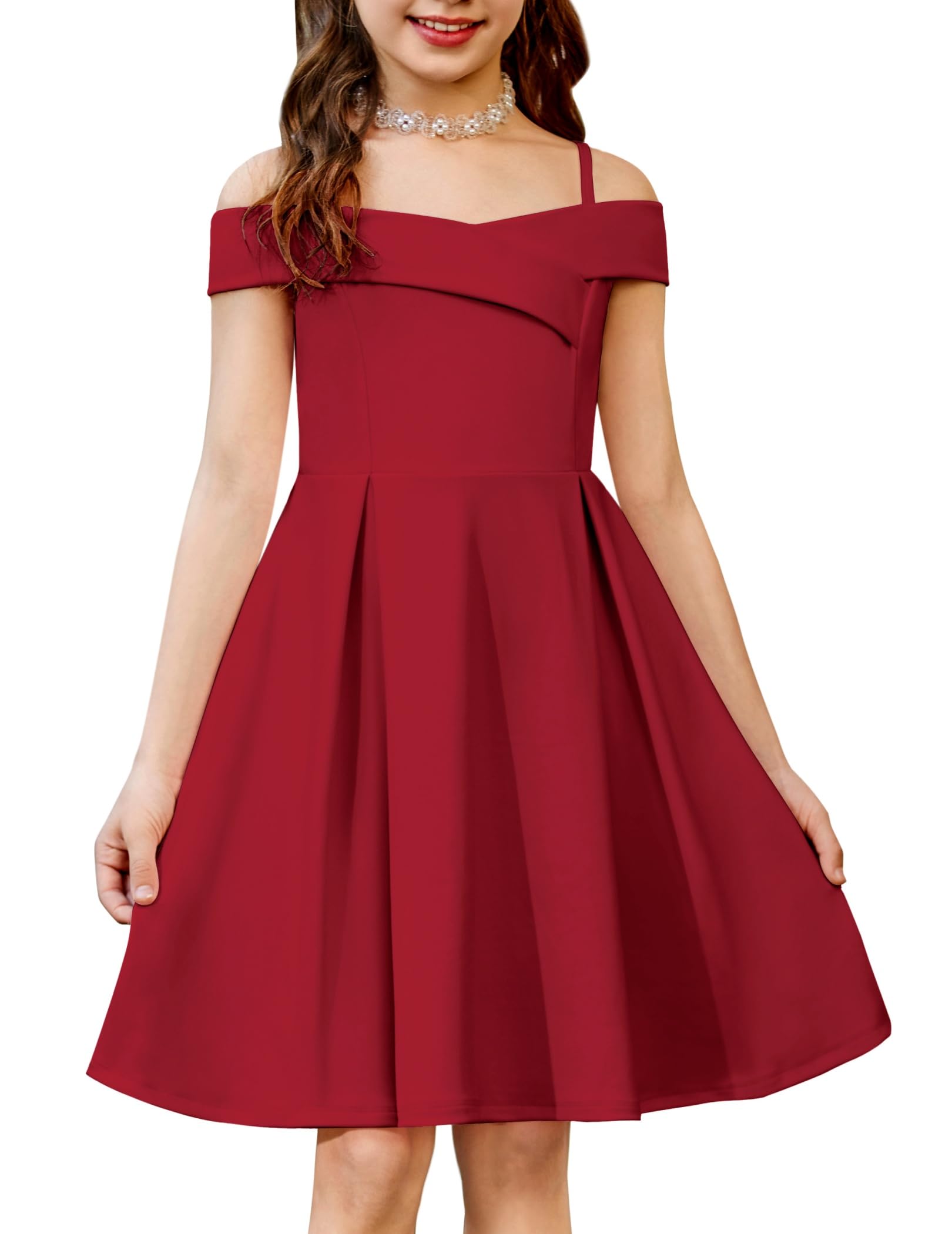 Arshiner Girls Summer Dress Off Shoulder Fold Pleated Formal Elegant A-Line Party Dresses with Pocket — view 7