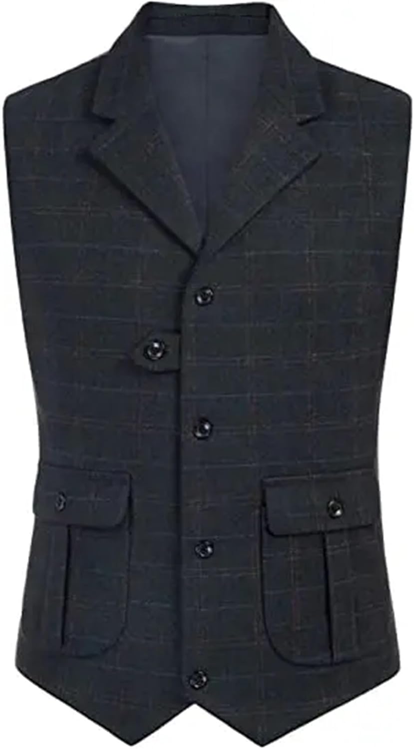 Men's Lapel Striped/Checkered Wool Suit Vest, Light And Suitable For Formal Casual Vest