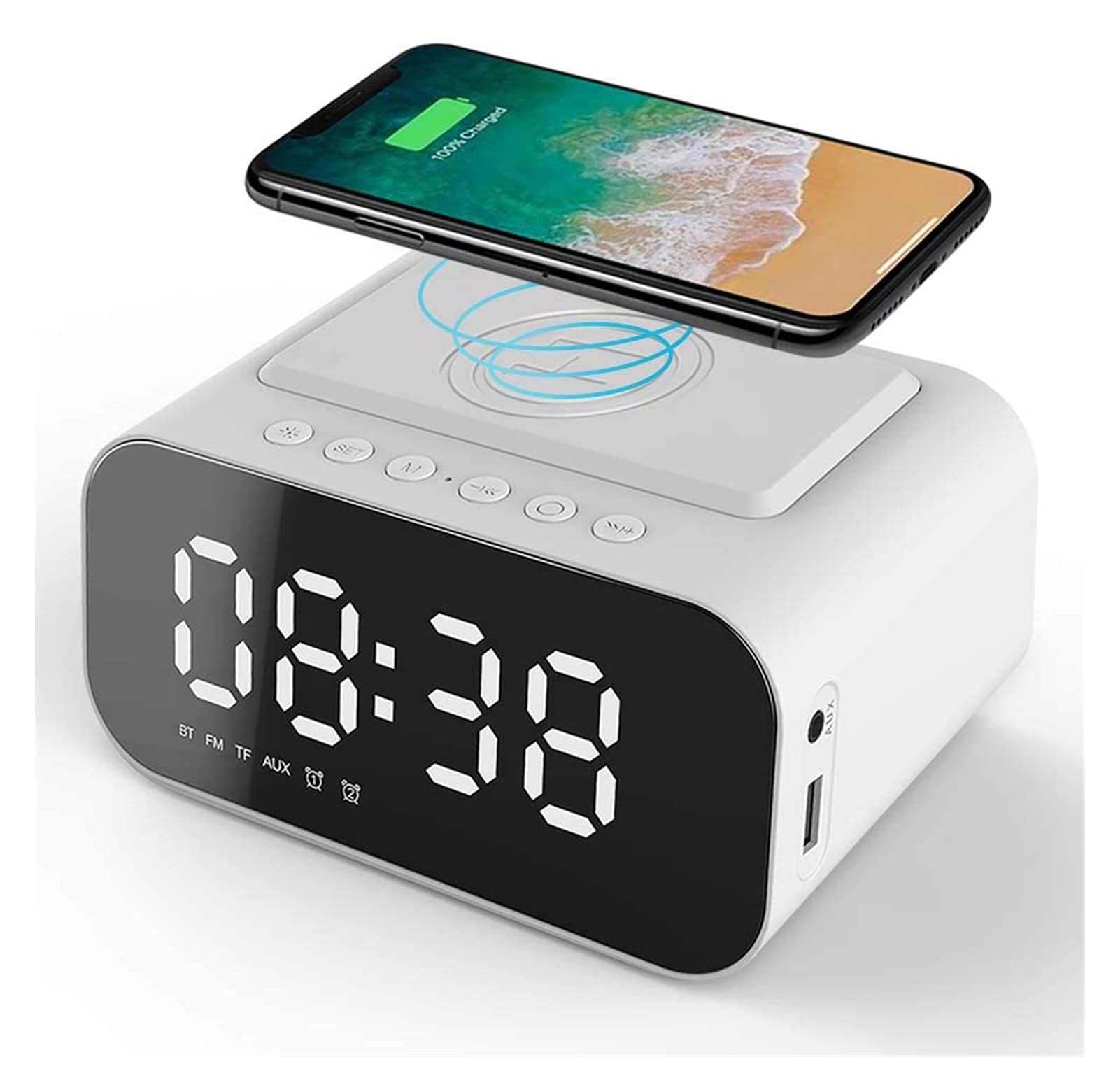 Reloj de Alarma Digital, GEYUEYA Inicio Relojes Digitales Radio Altavoz con USB Puerto y Carga inalámbrica, Alarma Dual, 3 Brillo Regulable, TF- Jugador de Cartas, Grande DIRIGIÓ Pantalla para