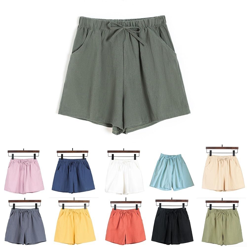 Short de sport en coton et lin pour femme - Taille haute - Style décontracté - Confortable - Pour les loisirs