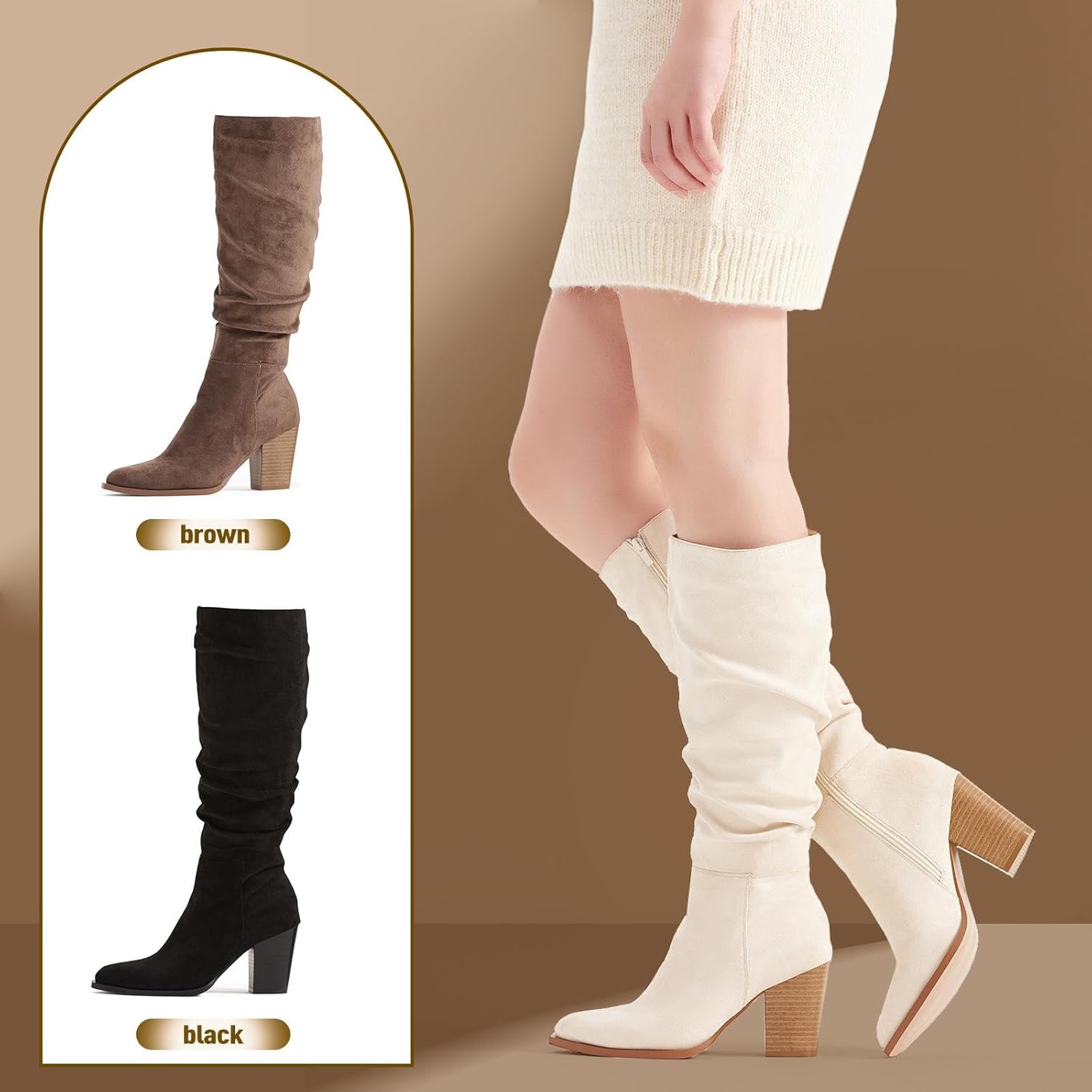 Putu Women's Pointed Toe Knee High Boots Faux Suede Slouch Boots with Chunky Heel - Image 6