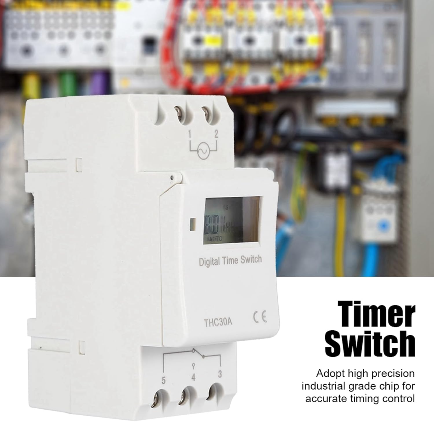 Walfront THC30A Digital Timer Switch in an electrical panel, highlighting its industrial-grade chip.