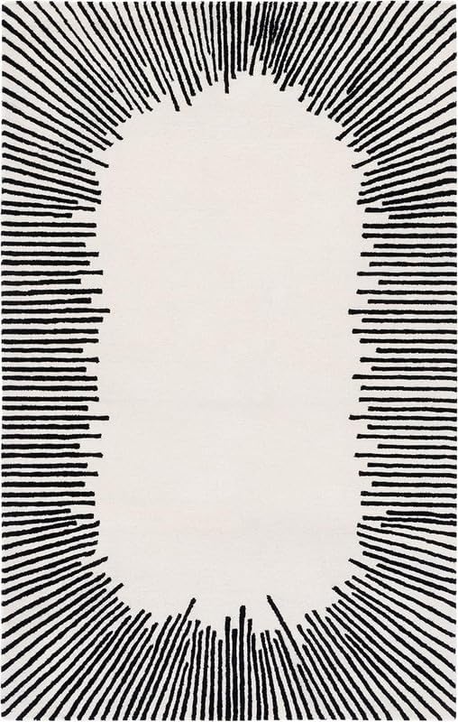 Hand-Tufted Wool Area Rug with Abstract Line Pattern – Soft Plush Modern Carpet for Living Room, Bedroom & Contemporary Home Decor (White & Black, 10x10 Square)