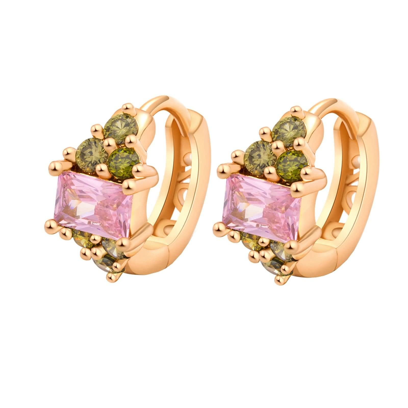 Pendientes en Oro Amarillo 9K / 14K / 18Kilates para Mujer, Rectángulo con Granate de Cristal Rosa, Aros Pendientes Mujer Boda Oro
